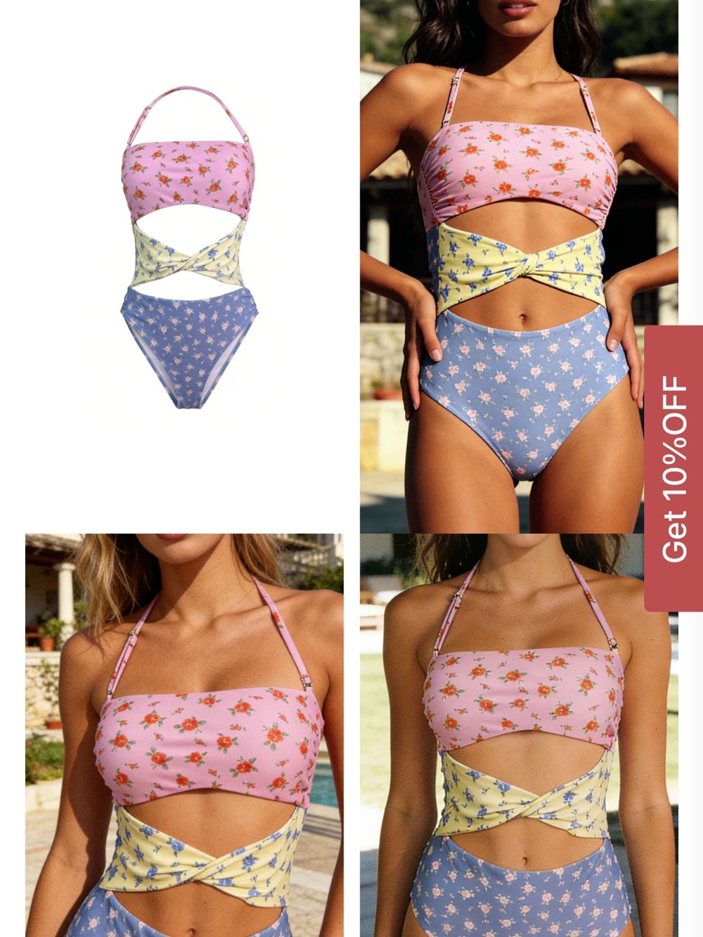 Phax Floral Bandeau One-Piece Swimsuit - Pink & Blue